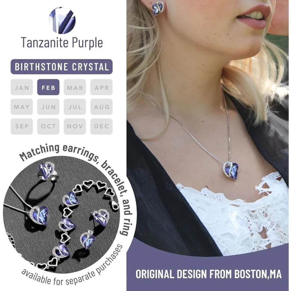 Infinity Love Birthstone Heart Pendant Tanzanite Necklace Women Mom Wife Silver